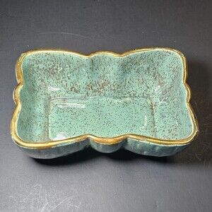 Vtg Shafer 23k Gold Green Speckled Bow Shaped Trinket Candy Dish Midcentury